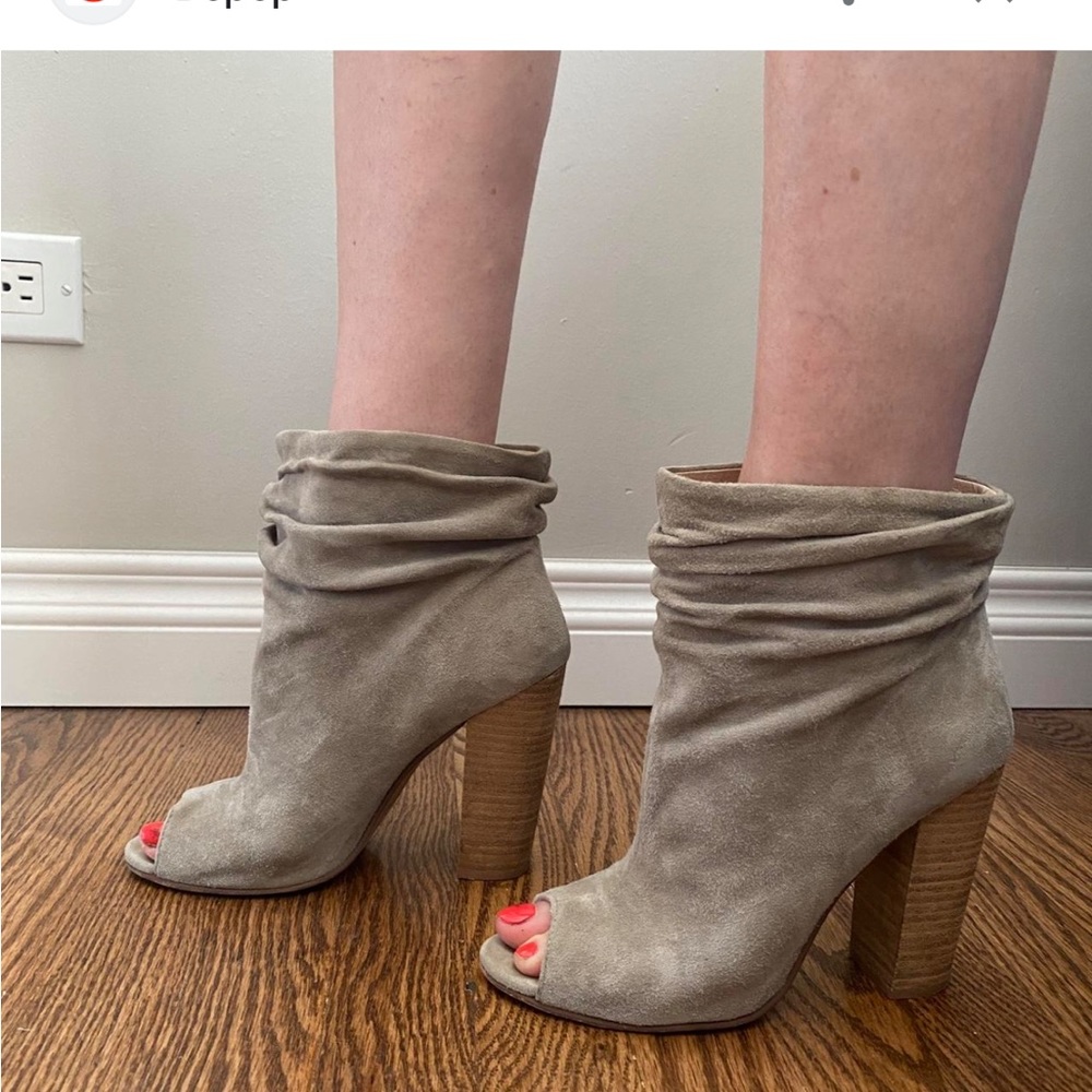 - Chinese Laundry beige suede open toe boots block heels size 7